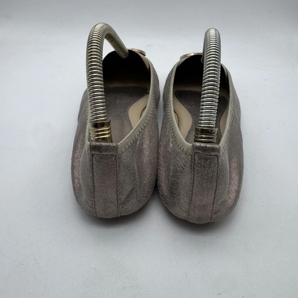Tory Burch Metallic Pewter‎ Ballet Flats Embellished Logo Women's Shoes